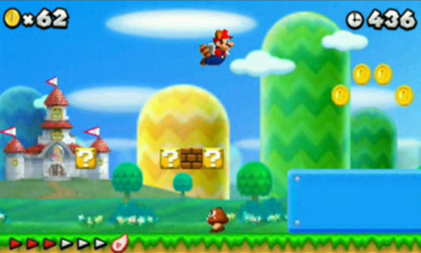 Raccoon Mario & P-Meter in New Super Mario Bros. 2 Screenshot (3DS)
